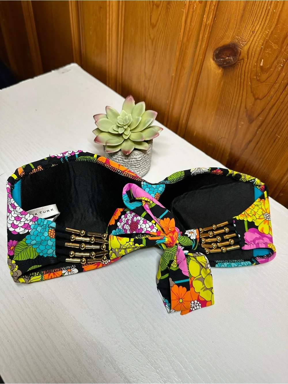 Trina Turk Black Floral Bandeau Swim Top with Multicolor Blooms